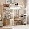 A loft bed with a desk, storage, and closet area, set up in a room. Voir les images du produit