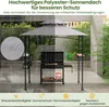 A grill gazebo with a grill underneath, shown in both rainy and sunny conditions. Produktbild-Vorschau