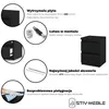 A collage of images and text detailing the features of a black nightstand. Podgląd zdjęcia produktu