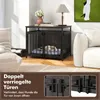 A dog crate furniture piece is shown in a living room setting, with close-up insets highlighting its features. Podgląd zdjęcia produktu