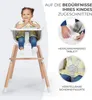 A baby sitting in a high chair with accompanying feature callouts. Produktbild-Vorschau