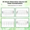 Four different configurations of decorative garden fences are shown against a white background with a light green leafy border. Náhľad obrázku produktu