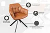 A brown leather chair with a black metal base, with informational callouts. Produktbild-Vorschau