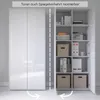 A white office cabinet with its doors open, revealing shelves filled with office supplies. Produktbild-Vorschau