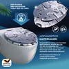 A toilet seat with a water drop design is shown on a toilet, with marketing text and icons. Anteprima dell’immagine prodotto