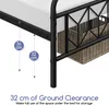 A close-up view of the base of a black metal bed frame, showing storage space underneath. Produktbild-Vorschau