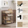 A shoe rack with shoes, bags, and a basket displayed in a room, with inset images highlighting product features. Produktbild-Vorschau