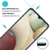 Close-up view of a smartphone screen protector being applied to a phone, with arrows indicating its fit and compatibility with a case. Produktbild-Vorschau