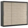 A three-door sliding wardrobe with a wood-grain finish and black frame, shown against a white background. Produktbild-Vorschau