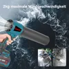 A hand holding a teal and gray leaf blower with white air blowing out, set against a dark blue, stormy water background. Two smaller inset images show the leaf blower being used on a car and in a workshop. Voir les images du produit