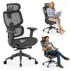 A collage of three images showing an ergonomic office chair. One image shows the chair by itself, another shows a woman working on a laptop while sitting in the chair, and the third shows a man drinking coffee while sitting in the chair.