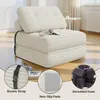 A multi-panel image showing a beige striped folding chair/bed, with close-ups of its features. Produktbild-Vorschau