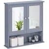 A gray bathroom cabinet with mirrored doors and a shelf below, displaying toilet paper rolls and decorative jars. Produktbild-Vorschau