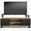 A TV stand with a television on top, and decorative masks on either side. Produktbild-Vorschau