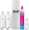 A white SodaStream Terra Valuepack is displayed with two reusable bottles and a CO2 cylinder against a white background. Produktbild-Vorschau