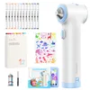 A flat lay of an airbrush marker set for children, including the airbrush device, markers, stencils, and accessories. Voir les images du produit