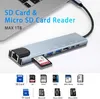 A laptop with a USB-C hub and various memory cards displayed below. Produktbild-Vorschau