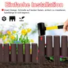 A hand is using a rubber mallet to hammer a brown plastic fence post into the ground, with yellow flowers in the background. Náhled obrázku produktu