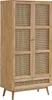 A tall, narrow wooden cabinet with two doors and a drawer at the bottom, all featuring woven rattan panels. It stands on four tapered legs. Anteprima dell’immagine prodotto
