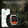 A smartwatch and a smartphone are displayed in front of a mountainous landscape with a GPS route overlay. Produktbild-Vorschau