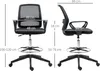 Two views of an ergonomic office chair with dimensions indicated by text and lines. Náhled obrázku produktu