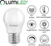 A product image of an LED light bulb with accompanying feature icons and text. Produktbild-Vorschau