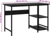 A black computer desk with shelves is shown against a white background. Dimensions are indicated by measurement lines and text. Náhled obrázku produktu