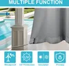 Outdoor curtains shown in a lifestyle setting next to a pool, with feature icons below. Náhled obrázku produktu