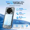 A smartphone with its internal components visible, set against a blue and white abstract background with text highlighting its features. Produktbild-Vorschau