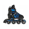 A pair of black and blue inline skates with four wheels on each skate, shown from the side against a white background. Podgląd zdjęcia produktu