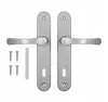 A pair of silver door handles with keyholes and screws on a white background. Anteprima dell’immagine prodotto