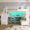 A white loft bed with a desk and shelves underneath, decorated with colorful toys and a rug. Produktbild-Vorschau