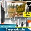 A person is showering outdoors with a portable camping shower, with the product and its accessories displayed. Produktbild-Vorschau