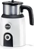 A white and silver milk frother with a black handle and lid. Produktbild-Vorschau