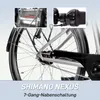 Close-up views of a bicycle's rear wheel, hub, and handlebars, with text overlay describing the product. Produktbild-Vorschau