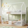 A white bunk bed with a house-shaped frame, set up in a child's room with decorative elements on the wall.