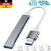 A USB hub with multiple ports and a connected USB 3.0 cable, shown against a white background with marketing icons and text. Produktbild-Vorschau