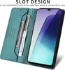A teal flip wallet phone case is open, showing card slots and a phone screen. Produktbild-Vorschau