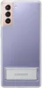A clear, professional studio shot of the back of a transparent phone case with a silver kickstand. The phone case is a light purple color. Náhľad obrázku produktu