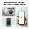 A collage demonstrating different control methods for a smart home device: voice control with smart speakers, a remote control, and a smartphone app interface. Produktbild-Vorschau