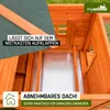 Interior view of a wooden chicken coop with text overlays highlighting features. Produktbild-Vorschau