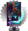A computer monitor is shown in a dynamic, rotating pose, displaying a vibrant digital artwork. The monitor is mounted on a stand, and multiple ghosted images of the monitor are fanned out around it to illustrate its adjustable angles. Produktbild-Vorschau