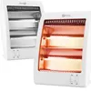 Two white infrared heaters are shown against a white background. One heater is in the foreground and is turned on, emitting a red glow. The other heater is in the background and is turned off. Náhľad obrázku produktu