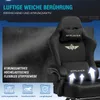 A close-up marketing image of a black gaming chair, highlighting its features with text and icons. Podgląd zdjęcia produktu