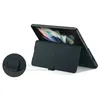 A dark blue leather case for a foldable phone is shown standing upright, with the phone's screen visible and displaying a colorful abstract image. A close-up inset shows a detail of the case's closure mechanism. Produktbild-Vorschau