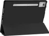A black tablet case with a stand function is shown from the back. Produktbild-Vorschau
