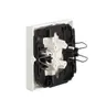 A close-up, angled view of the back of a white electrical switch cover, showing the internal wiring components and mounting mechanism. Produktbild-Vorschau