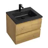 A modern bathroom vanity set with a black sink and faucet on a wooden cabinet with two drawers, presented against a white background. Produktbild-Vorschau