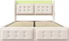 A front view of a beige upholstered bed frame with a tufted headboard and storage drawers. Náhled obrázku produktu