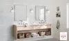 A modern bathroom with a double vanity and textured wave-like wall panels. Náhľad obrázku produktu